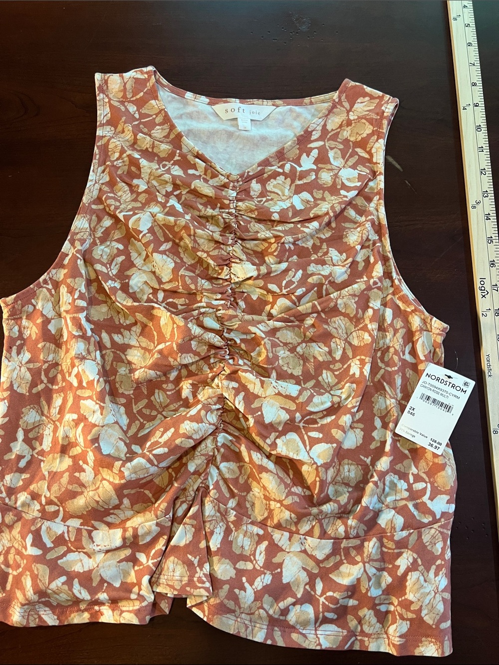 Soft Joie Rust-Orange Floral Ruched Sleeveless Top